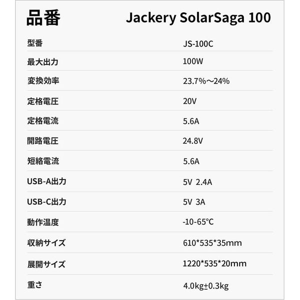 Jackery ( ジャクリー ) SolarSaga 100W ソーラーパネル 防災 | キャンプ | 災害対策 | 地震対策 | USB端子 | 充電 | ソーラーチャージ | 太陽光