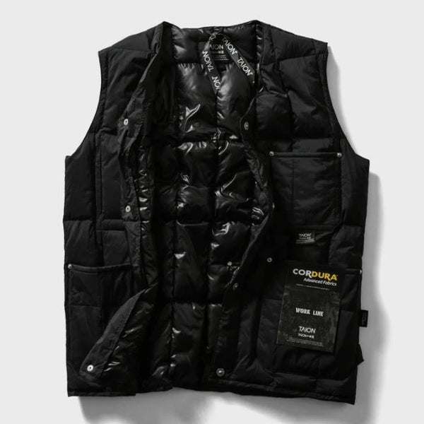 TAION ( タイオン ) ワーク Vネックボタン ダウンベスト | ベスト | 軽い | インナー | ダウン | 軽量 | 暖かい | 防寒 | 秋 | 冬 | シンプル | ブラック | ダークチャコール | TAION-001BWK | アウトドア | キャンプ | レジャー | たいおん