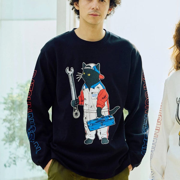 go slow caravan ( ゴースローキャラバン ) 【 NISSAN×go slow caravan 】 超ヘビーUSA/CRALLYメカニック猫ロングスリーブTEE | MENS | メンズ | トップス | ウェア | ロンT | 長袖 | Tシャツ | 綿100％ | 351951 | ごーすろーきゃらばん