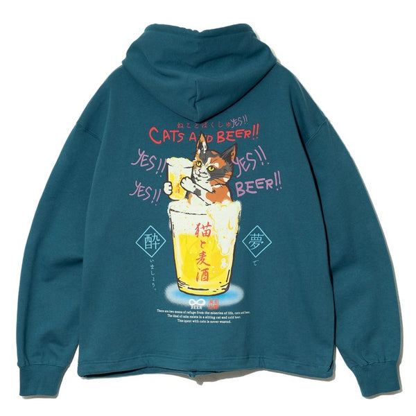 go slow caravan ( ゴースローキャラバン ) 空紡糸裏毛 猫と麦酒ヘムスピンドル BOX フーディー  | MENS | WOMENS | メンズ | レディース | ウェア | トップス | 綿100％ | スウェット | フーディ | バックプリント | 352609 | カジュアル