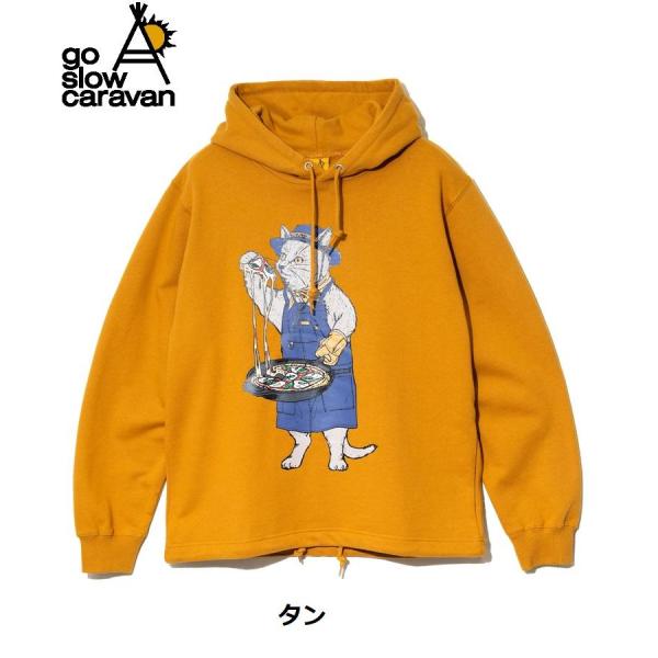 go slow caravan ( ゴースローキャラバン ) 空紡糸裏毛 スキレットピザ猫 ヘムスピンドルフーディー  | MENS | WOMENS | メンズ | レディース | トップス | 長袖 | 秋 | 冬 | 裏毛 | プリント | 352607 | カジュアル